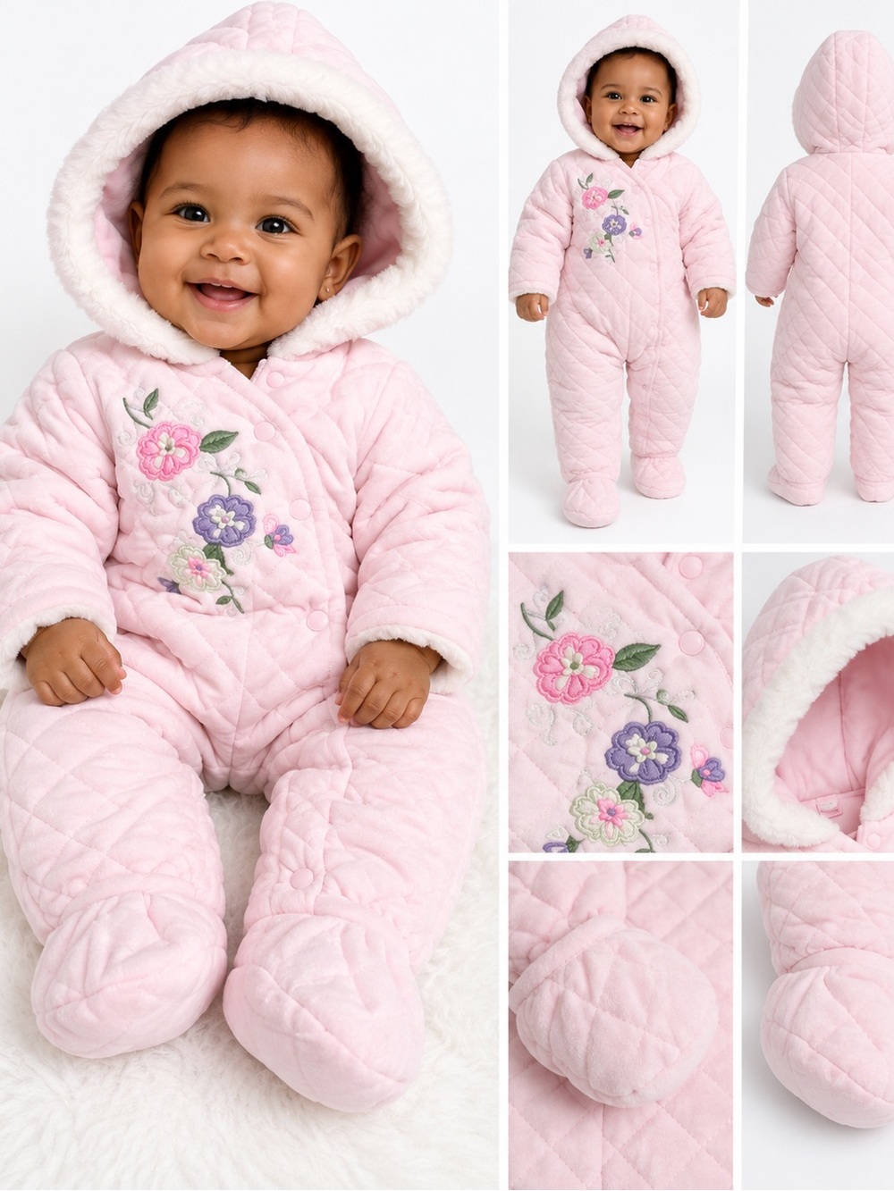 First Impressions Light Pink Quilted Floral Hooded Baby One-Piece